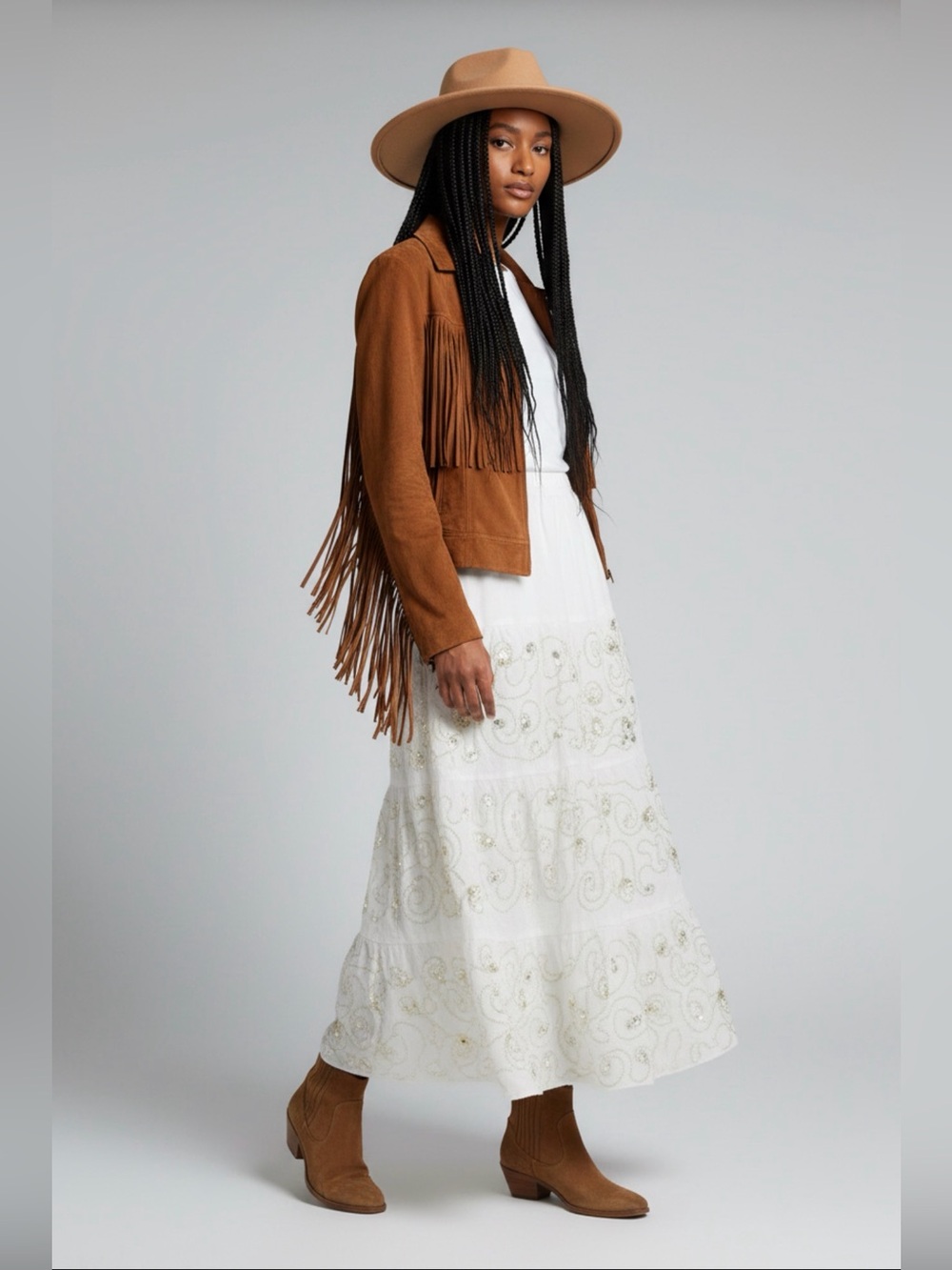 White Embroidered Tiered Maxi Skirt with Gold Accents